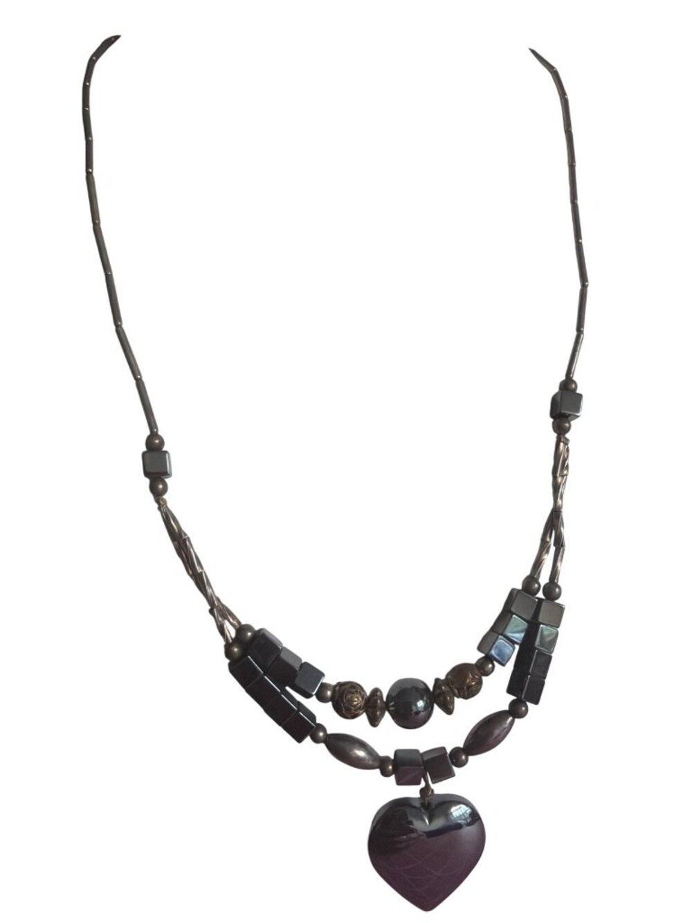 Vintage Hematite Heart Pendant Necklace Beaded Square Beads Double Strand 18"